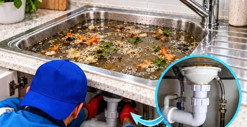 Drainage engineer unblocking a kitchen sink full of standing water